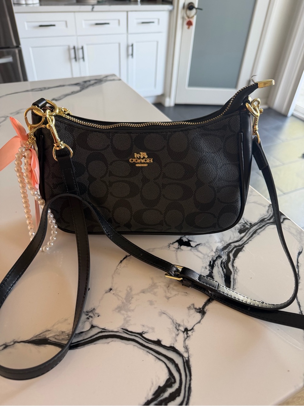 Coach Black Signature Canvas Shoulder Bag with Gold Hardware